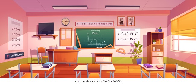 Classroom for math study with graph on chalkboard. Vector cartoon illustration of empty class interior for mathematics, geometry and algebra learning in school or college