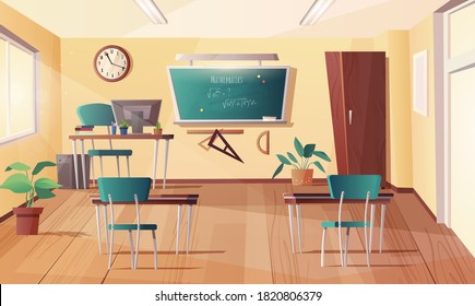 Classroom for mathematics, geometry, algebra subjects. Cartoon interior with chalkboard, clock on the wall, monitor, desks, teacher table, books. Vector illustration.
