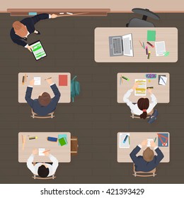 Classroom modern lesson in school, university or college. Flat color design. Top view.