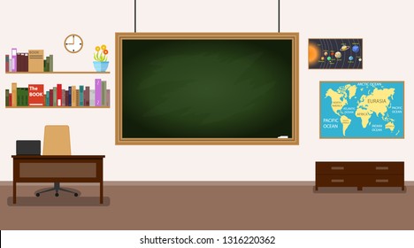 Classroom. Nobody school classroom interior with teachers desk and blackboard. Front Class Background Design. 