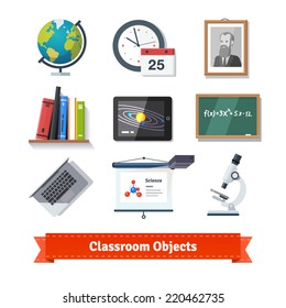 Classroom objects colourful flat icon set. EPS 10 vector.