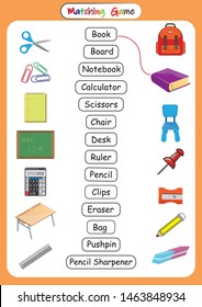 Classroom Objects In English, Learn School Vocabulary, Matching School Objects With Their Pictures