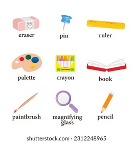 Classroom objects vector illustration. Labeled collection for kids learning and cognition process. Class indoor elements set with explanation. School things for vocabulary words knowledge development.