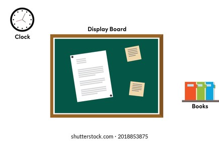 Classroom, office supplies. School, study, education, business, training, college interior. Display Board, Clock, Books, Notice Board, List, Notes, document. Vector Illustration