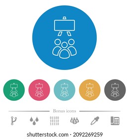 Classroom outline flat white icons on round color backgrounds. 6 bonus icons included.