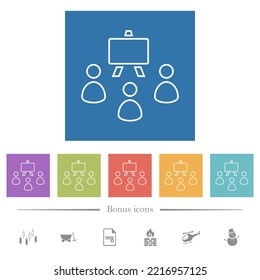 Classroom outline flat white icons in square backgrounds. 6 bonus icons included.