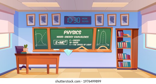 Classroom for physics learning with formula and graph on chalkboard. Vector cartoon illustration of empty school class interior with teacher desk, blackboard and bookcase