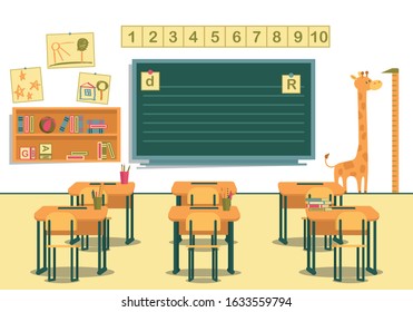 Classroom in Primary School. View from Students Desks to Blackboard with Numbers from One to Ten Above. Shelving with Books. Kids Drawings on Wall. Funny Giraffe Ruler to Measure Childrens Height.
