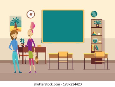 Classroom with pupils. Primary school kids. Modern interior for education. Girls characters ready to study. Place to acquisition of knowledge