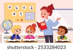 Classroom with pupils and teacher. Teacher with pupils in a classroom. Teacher explaining lesson, introducing the subject to kids. Primary school kids. Children listen to teacher. Primary school kids.