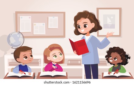 Classroom with pupils and teacher. Classroom interior.  Children listen to teacher. Primary school kids. Illustration with kids and teacher in a classroom. Education illustration. Vector interior.