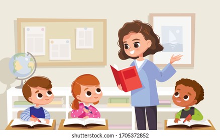 Classroom with pupils and teacher. Lesson.Teacher with pupils in a classroom. Primary school kids. Children listen to teacher. Primary school kids. 