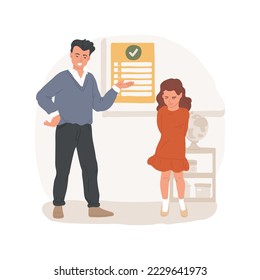 Classroom rules isolated cartoon vector illustration. Good behavior chart in classroom, green sign, teacher pointing the rules list on wall, guilty kid with head down, encourage vector cartoon.
