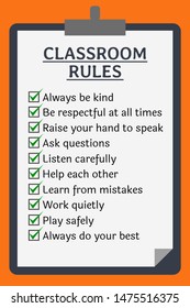 Classroom Rules Poster. Clipboard Over Orange Background