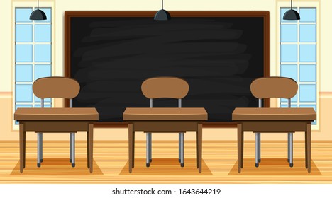 Classroom scene with blackboard and desks illustration