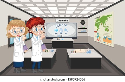 Classroom scene with boy and girl doing lab illustration