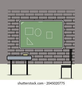 escenario en aula con escritorio de pizarra y silla y luz