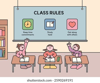 Classroom scene with children learning and a board displaying class rules: keep time commitments, study hard, and get along with others. Flat vector illustration.