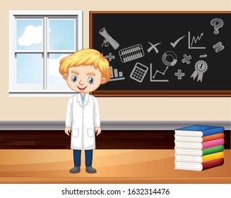 Escena en aula con estudiante de ciencias por ilustración de la junta