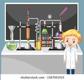 Classroom scene with science student and equipments illustration
