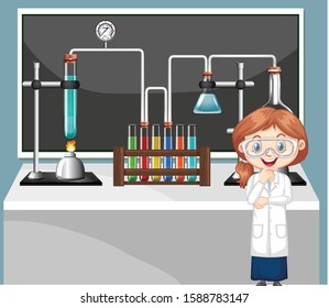 Classroom scene with science student and equipments illustration