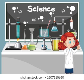 Classroom scene with science student and equipments illustration