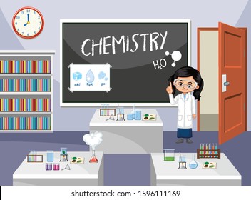 Classroom scene with science student in front of the class illustration