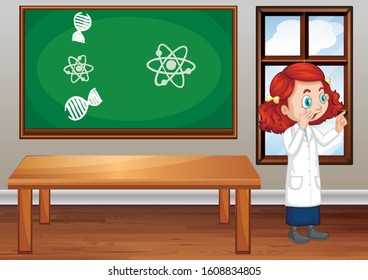 Escena en aula con un estudiante de ciencias dentro de la ilustración