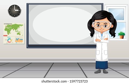 Classroom scene with science student standing by the board illustration