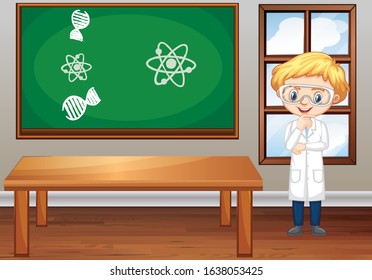 Classroom scene with science student standing illustration