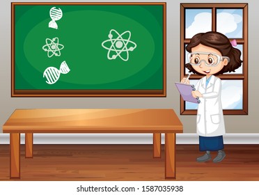 Classroom scene with science student writing notes illustration