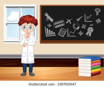 Classroom scene with science teacher by the board illustration