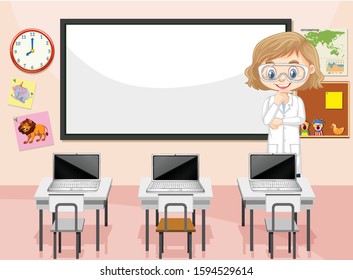 Classroom scene with science teacher and computers illustration