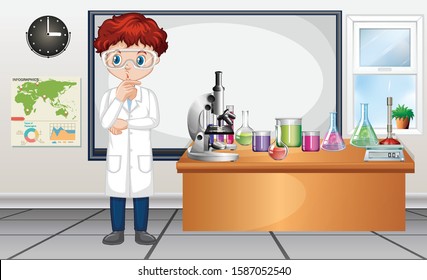 Classroom scene with science teacher and equipments in the room illustration