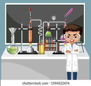 Classroom scene with science teacher and equipments illustration