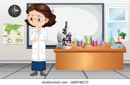 Classroom scene with science teacher and equipments illustration