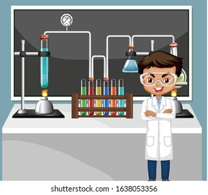 Classroom scene with science teacher and equipments illustration