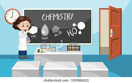 Classroom scene with science teacher in front of the class illustration
