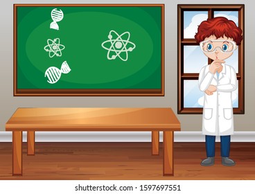 Classroom scene with science teacher inside illustration