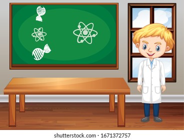Escena en aula con un profesor de ciencias dentro de la ilustración