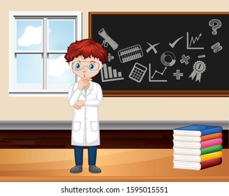 Classroom scene with science teacher standing by the board illustration