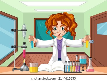 Classroom scene with scientist doing experiment illustration