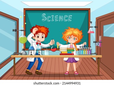 Classroom scene with scientist doing experiment illustration