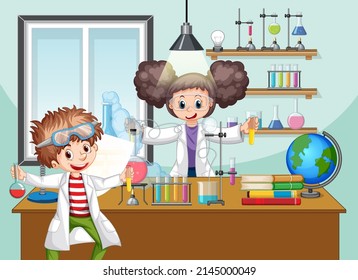 Classroom scene with scientist doing experiment illustration