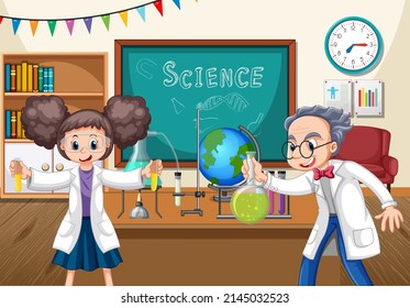Classroom scene with scientist doing experiment illustration