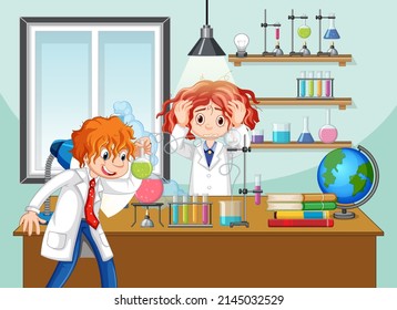 Classroom scene with scientist doing experiment illustration