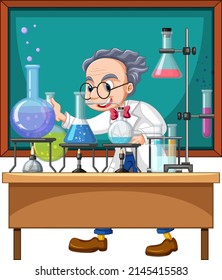 Classroom scene with scientist doing experiment illustration