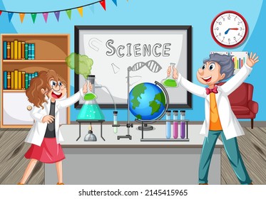 Classroom scene with scientist doing experiment illustration