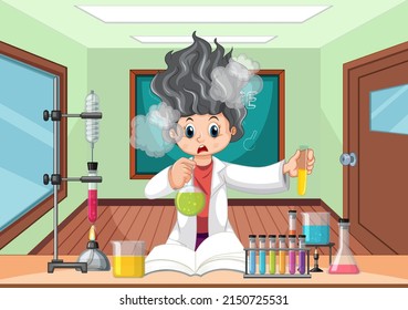 Classroom scene with scientist doing experiment illustration