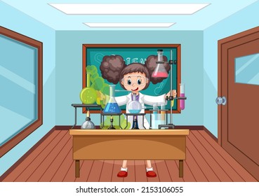 Classroom scene with scientist doing experiment illustration